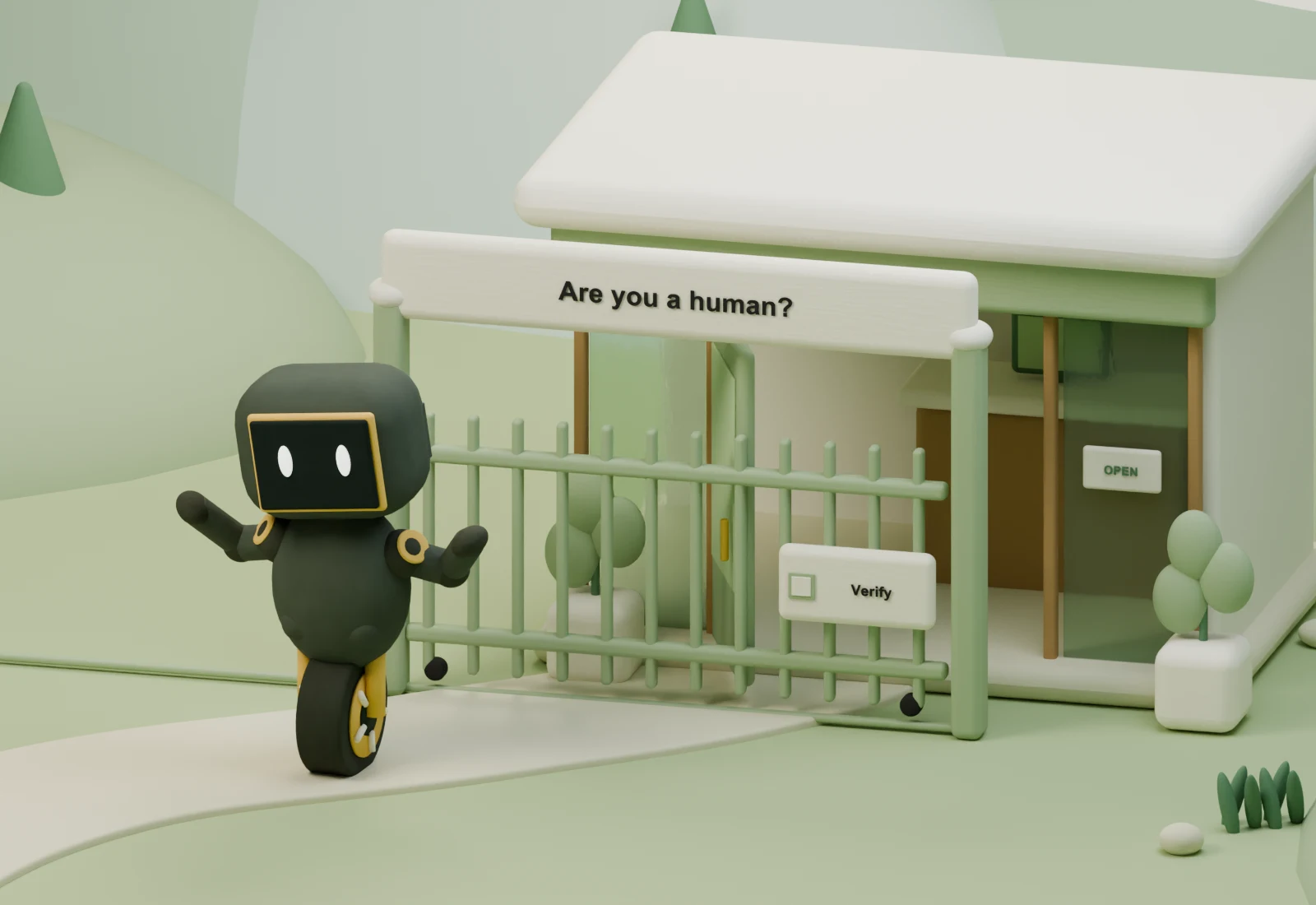 An agent waits at a closed signup gate marked Are you a human?
