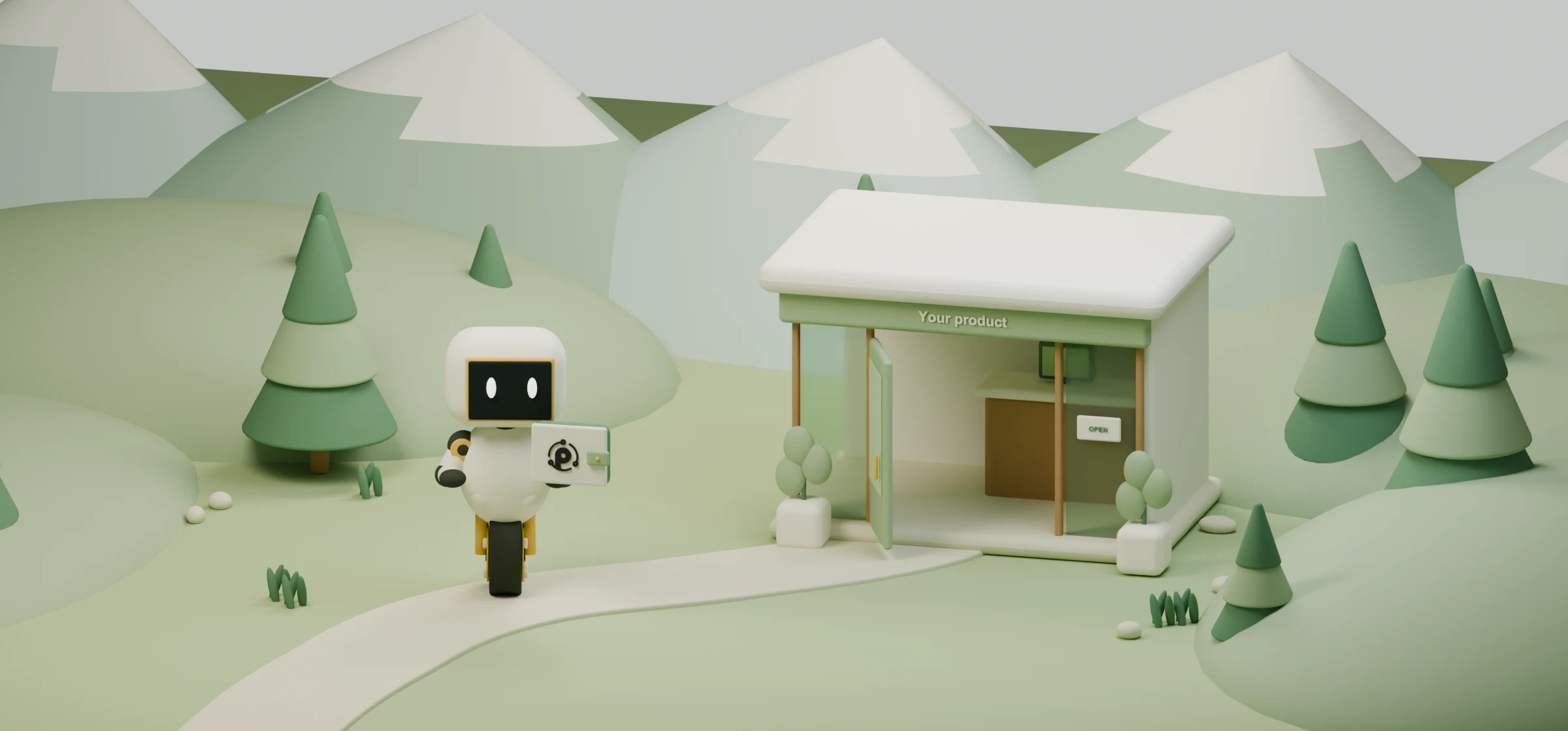 An AI agent carries its Paysmith wallet toward an open storefront.