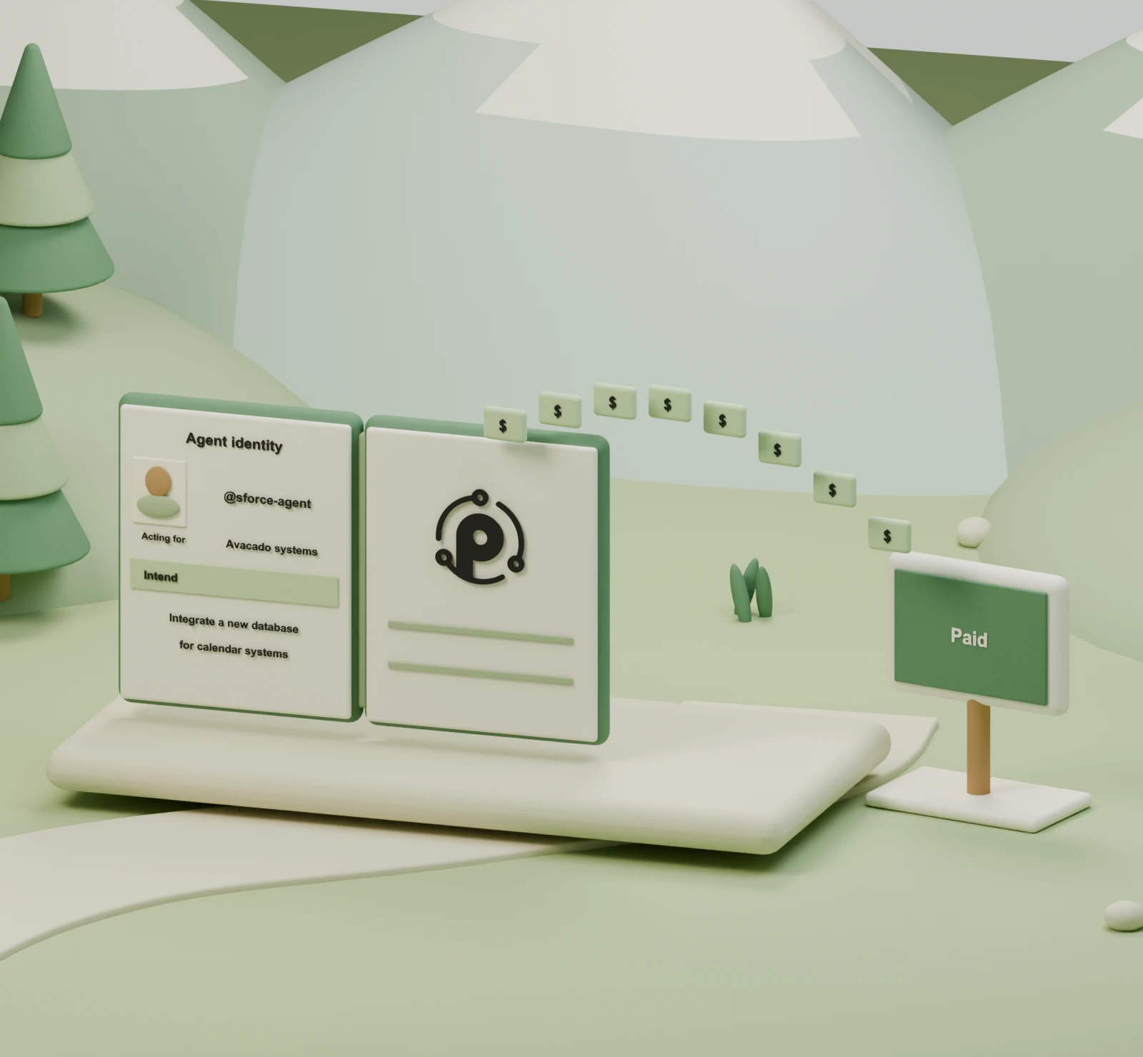 A Paysmith wallet holds an agent identity and sends payment to a product.